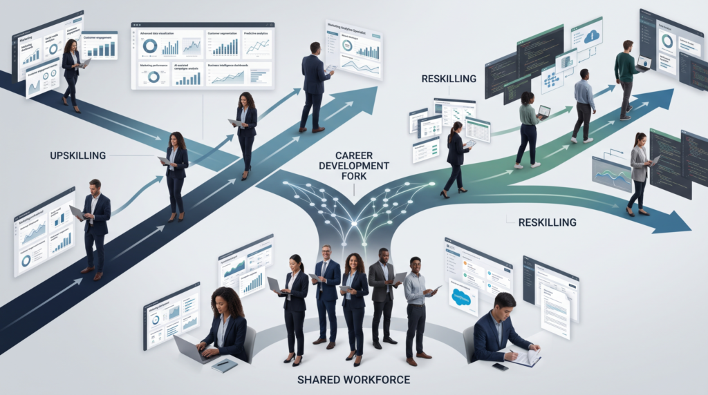 reskilling and upskilling - ability → Evolving Current Role RESKILLING: Current Role → New Skills → New Capability → Different Role For example, show a marketing professional developing advanced analytics skills on the upskilling path, while another employee transitions into a substantially different role through new training. Make the distinction immediately understandable without relying heavily on text.