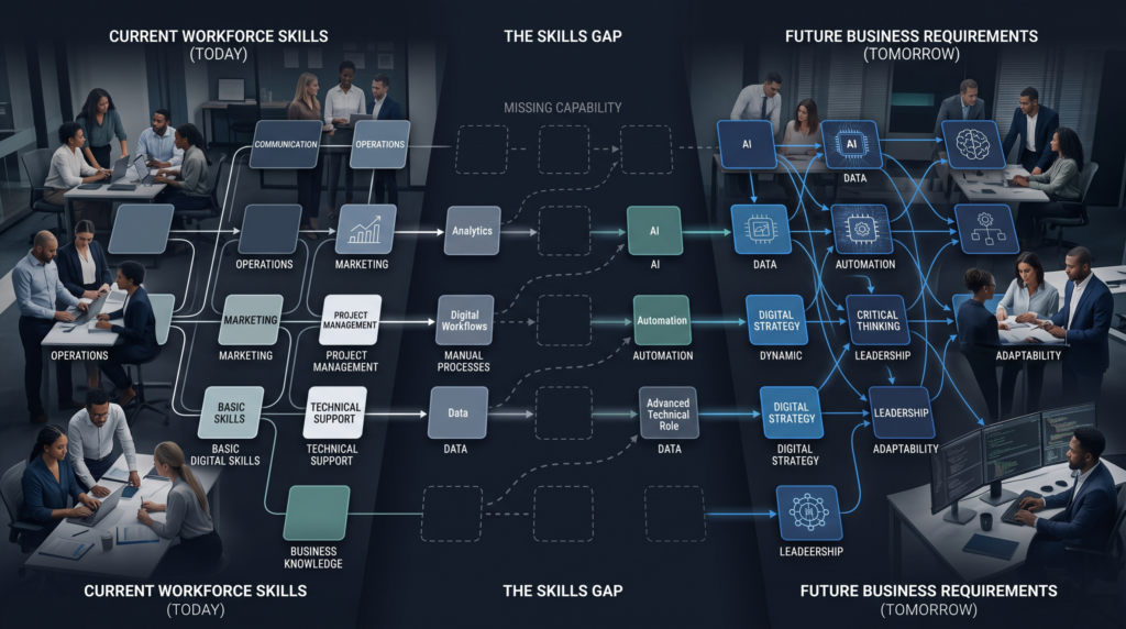 a large digital workforce skills map. On the left, show Current Workforce Skills as a series of filled capability blocks. On the right, show Future Business Requirements with additional skill blocks such as AI, data, automation, digital strategy and human skills. Between them, highlight the Skills Gap as a visible missing layer. Then show learning pathways beginning to fill those gaps. The design should communicate that companies need to understand where capability is today and where it needs to be tomorrow.