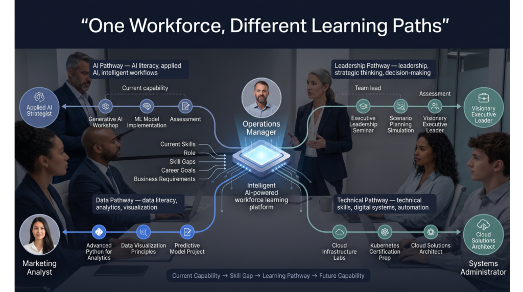 several employees within one organization, each beginning with different skill profiles. An intelligent learning platform analyzes: Current Skills + Role + Skill Gaps + Career Goals + Business Requirements and generates different personalized learning pathways for each person. One employee receives an AI pathway, another a leadership pathway, another a data pathway and another a technical pathway. The key message: one training programme cannot address every employee's capability gap. Keep it enterprise-focused and technology-driven rather than classroom-focused.