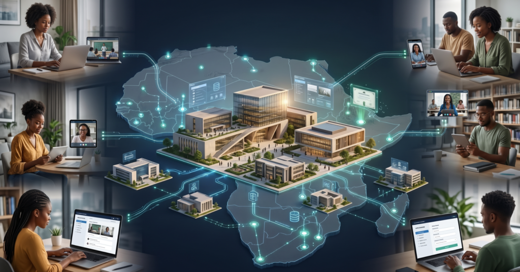 a modern African university connected to learners across multiple African countries through a digital network. In the centre, show a university or education platform, with students, universities and education partners connected across the continent. Include subtle elements of online learning, digital admissions, university partnerships and cross-border education. The image should communicate the idea of African universities expanding beyond their domestic markets.