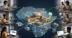 a modern African university connected to learners across multiple African countries through a digital network. In the centre, show a university or education platform, with students, universities and education partners connected across the continent. Include subtle elements of online learning, digital admissions, university partnerships and cross-border education. The image should communicate the idea of African universities expanding beyond their domestic markets.