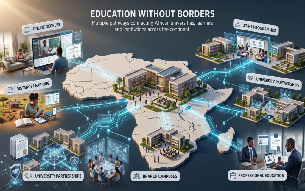 a visual showing different ways education can move across borders: Online Degrees, Distance Learning, Joint Programmes, University Partnerships, Branch Campuses and Professional Education. Connect each model to universities and learners in different African locations using a clean digital network.