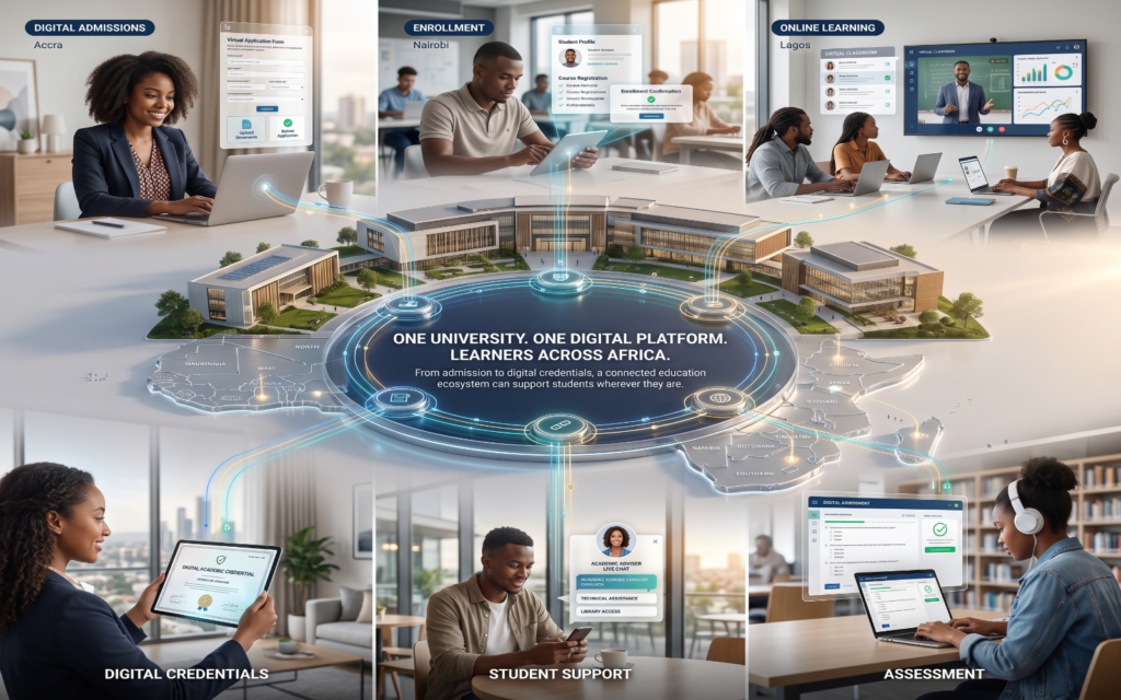 a university using one digital platform to reach learners in different countries. The platform should include Digital Admissions → Enrollment → Online Learning → Assessment → Student Support → Digital Credentials. Use students from different African locations connected to the same system.