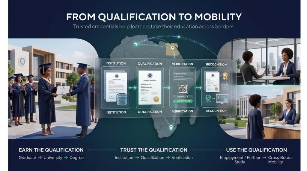 a student receiving a degree from one African university and then using it in another country for employment or further study. Between the two countries, place a digital credential verification and recognition layer showing Institution → Qualification → Verification → Recognition → Mobility. The image should communicate that cross-border education needs trusted qualifications. AfCFTA 