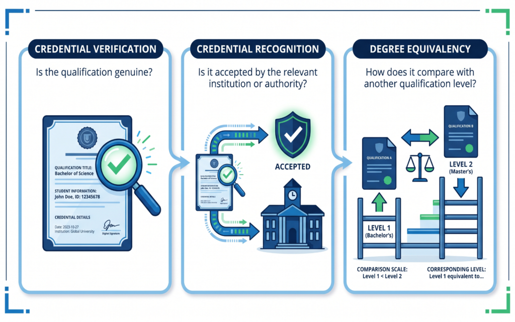 a clear three-part visual showing: Credential Verification → Is the qualification genuine? Credential Recognition → Is it accepted by the relevant institution or authority? Degree Equivalency → How does it compare with another qualification level? Use a certificate, verification checkmark and qualification comparison as the main visual elements.