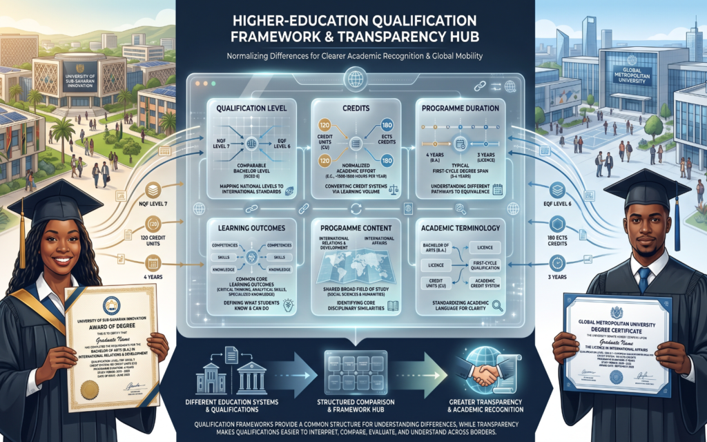 two universities from different countries with degree documents that use different qualification levels, credit systems, programme durations and terminology. Connect them to a central comparison framework that helps organize and understand the differences. credential recognition The visual should communicate why qualification frameworks and transparency are important.