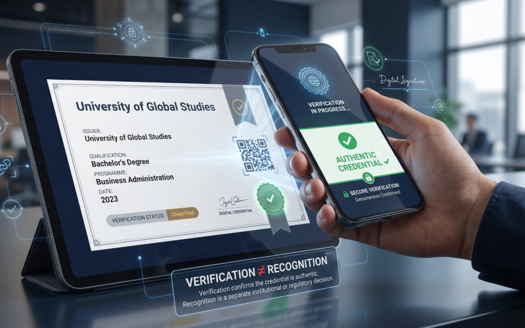a student or employer scanning a QR code on a digital degree/credential using a smartphone. The verification screen should display Issuer, Qualification, Programme, Date and Verification Status. Show the credential changing from “Unverified” → “Authentic Credential ✓”. Make it clear visually that verification confirms authenticity, while recognition is a separate process. credential recognition
