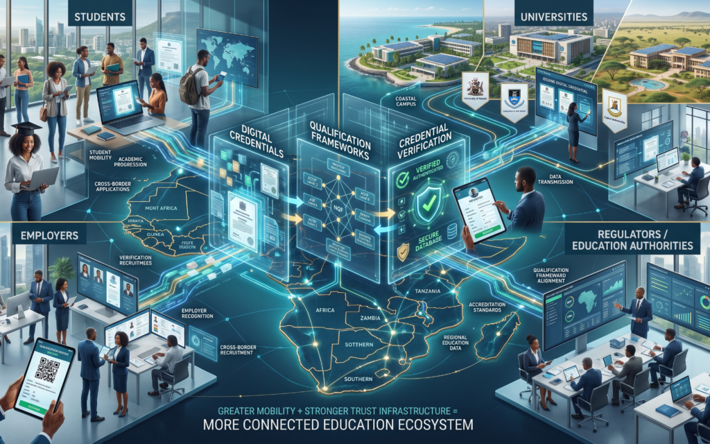 a forward-looking visual showing students, universities, employers and regulators connected through a digital education network. At the centre, show Digital Credentials + Qualification Frameworks + Credential Verification working together. The overall message should be: Greater Mobility + Stronger Trust Infrastructure = More Connected Education Ecosystem Keep this strongly Africa-focused, since the article is specifically about qualification recognition across Africa. credential recognition