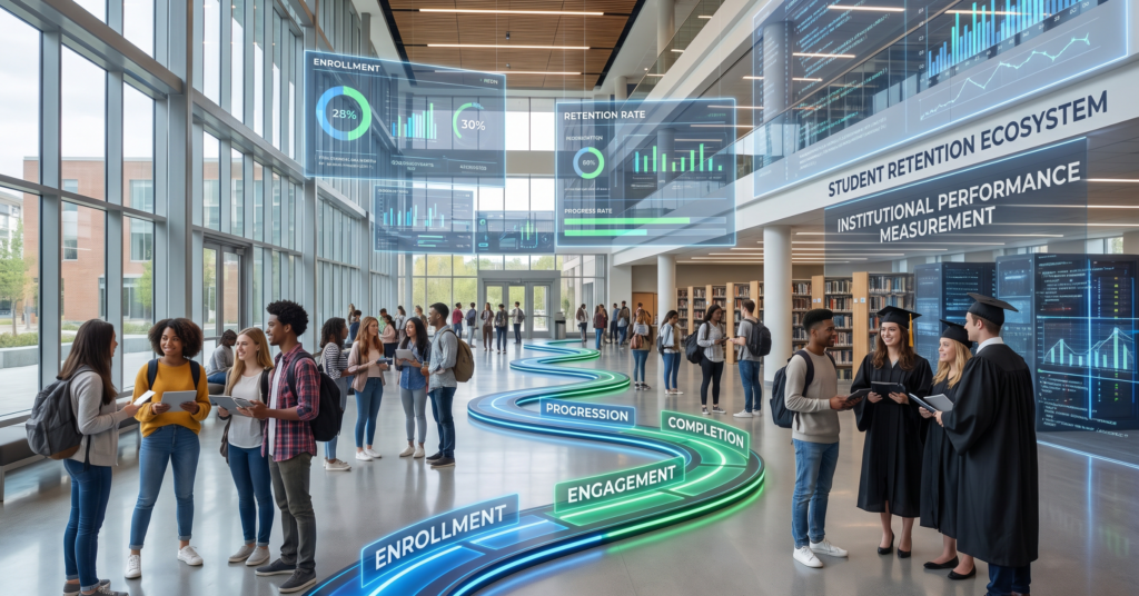 a modern university ecosystem visual showing a diverse group of students at different stages of their academic journey, connected along a visual pathway from Enrollment → Engagement → Progression → Completion. Include subtle digital dashboards, academic progress indicators, and retention analytics around the pathway. In the background, show a university environment blended with a modern technology interface. The visual should communicate that student retention is not just about keeping students enrolled, but about successfully moving them toward completion and measuring institutional performance. student retention rate