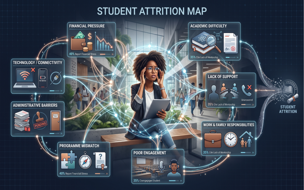 a conceptual “student attrition map” with a diverse university student at the centre and multiple interconnected factors surrounding them: Financial Pressure, Academic Difficulty, Lack of Support, Work & Family Responsibilities, Poor Engagement, Programme Mismatch, Administrative Barriers, Technology/Connectivity. Use visual icons and connecting lines rather than a basic list. The image should communicate that students usually leave because of a combination of factors rather than one single reason. student retention rate