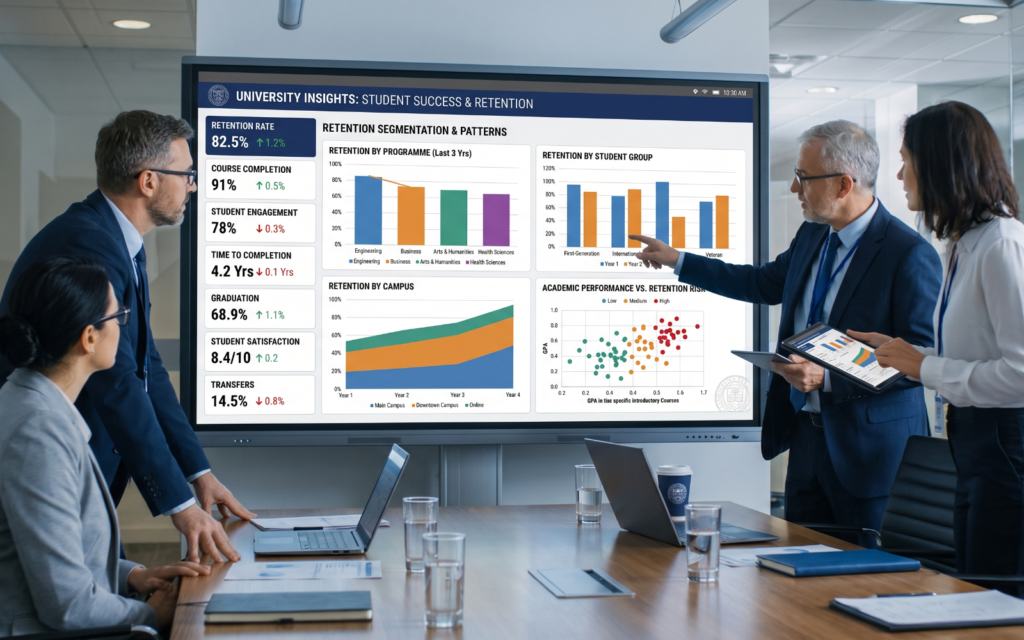 a sophisticated higher-education analytics dashboard being reviewed by university administrators. Show multiple student-success metrics such as Retention Rate, Course Completion, Student Engagement, Time to Completion, Graduation, Student Satisfaction and Transfers. Include charts that segment retention by programme, student group, campus and academic performance. The visual should feel like an institutional decision-making tool, showing how data can reveal patterns that a single overall retention number might hide. student retention rate