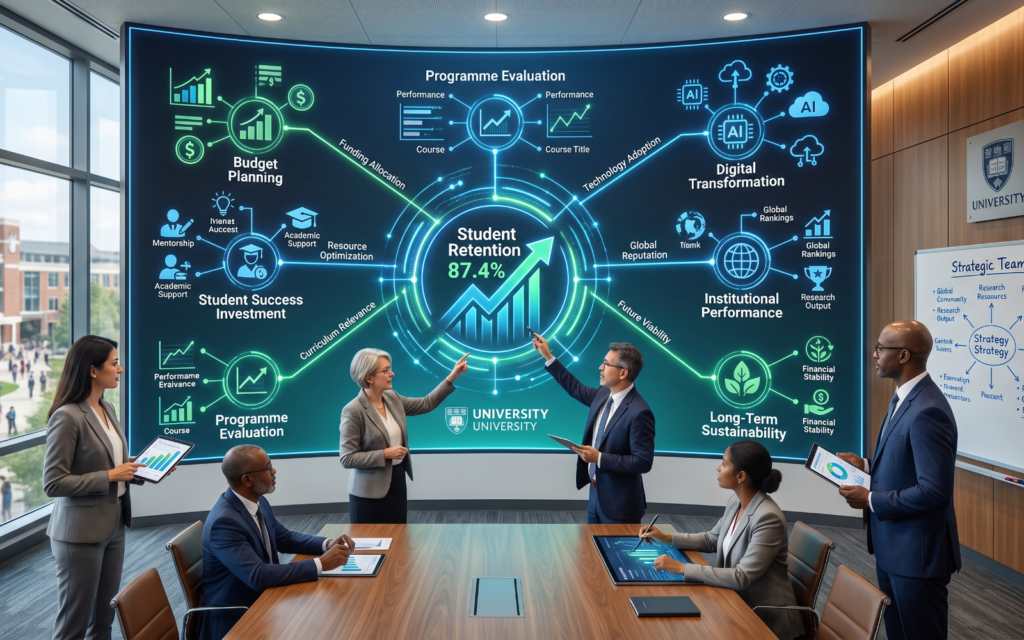 a wide strategic visual showing a university leadership team reviewing a large digital “Impact & Performance” dashboard. From a central Student Retention metric, create visual connections toward Budget Planning, Student Success Investment, Programme Evaluation, Digital Transformation, Institutional Performance and Long-Term Sustainability. Use a boardroom/university strategy setting with a diverse leadership team. The image should position retention as a strategic institutional metric rather than simply an administrative statistic. student retention rate